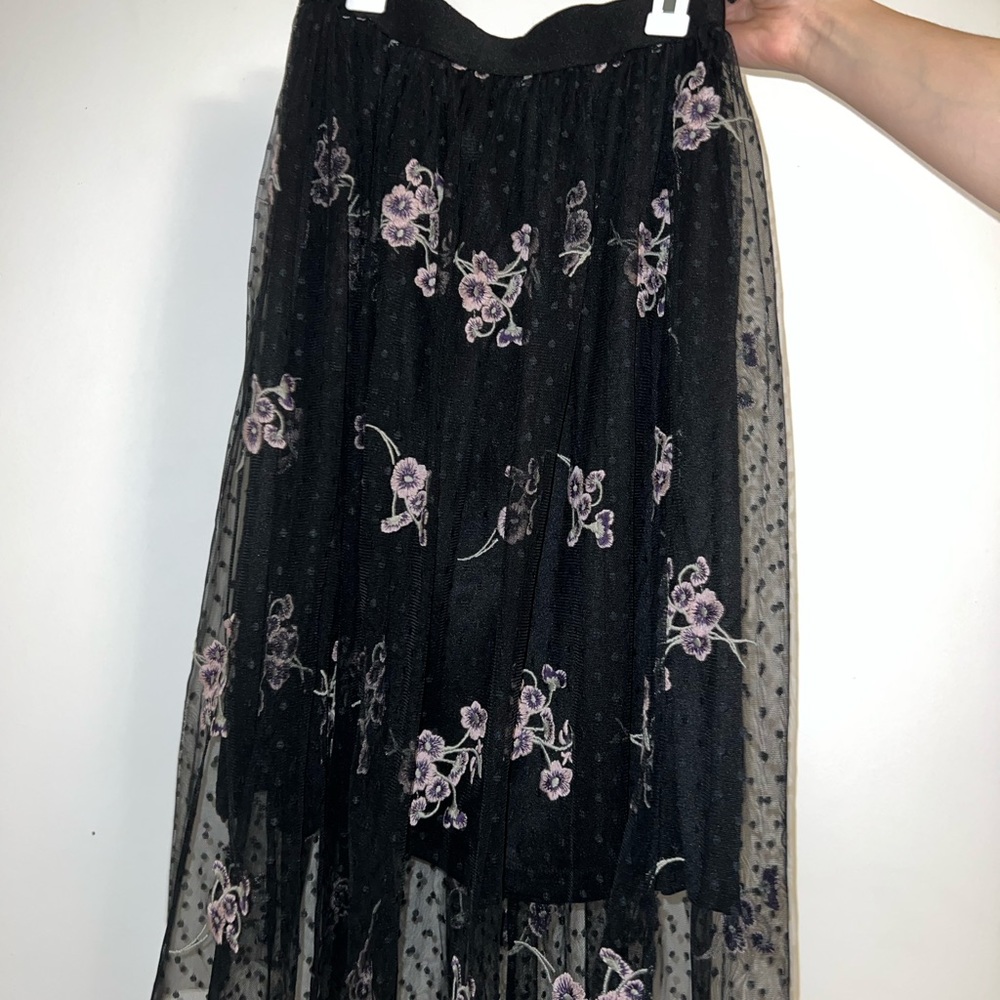 Black polka dot and floral skirt